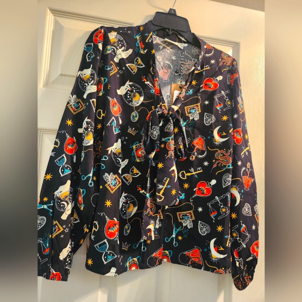 Joanie Dark Magic Tie Neck Blouse - NWT